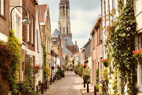 Delft street with church