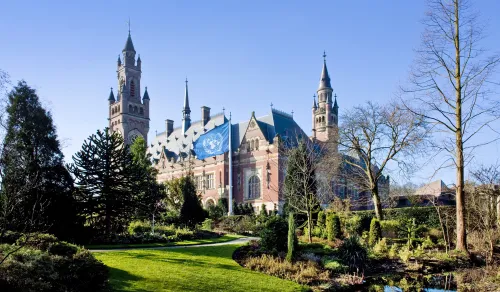 Exterior of the Peace Palace in The Hague on a sunny day